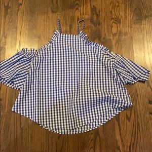 white/blue checkered off the shoulder top
